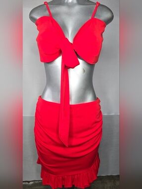 Two Piece Ruffle Skirt Set and Tie Adjustable Strap XL Red